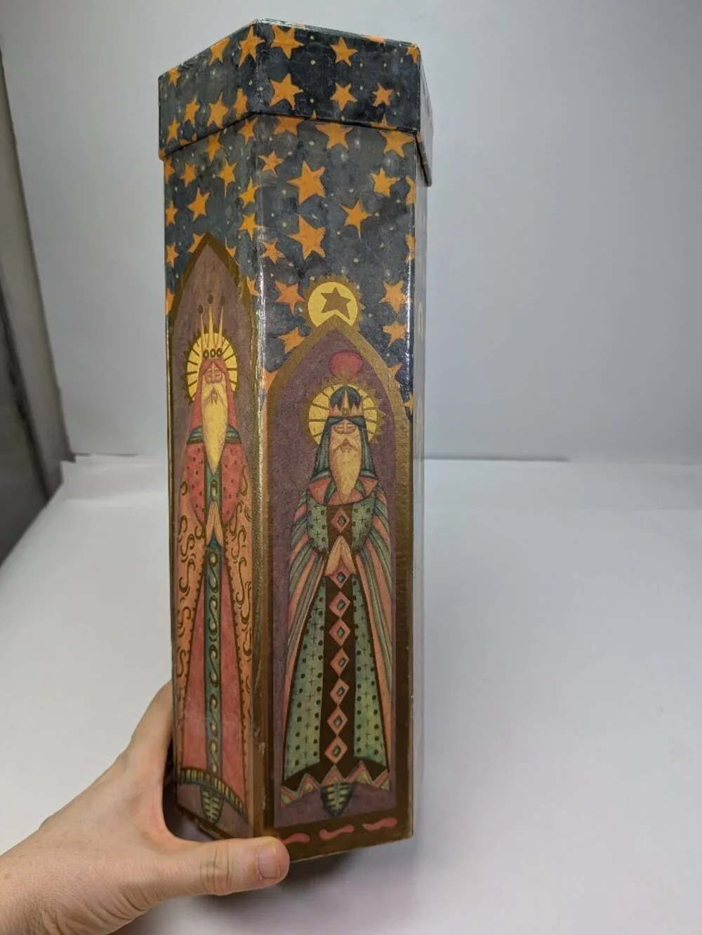 Vintage Three Kings Wise Men Saints Christmas Wine Gift Box Tall Hexagon 13